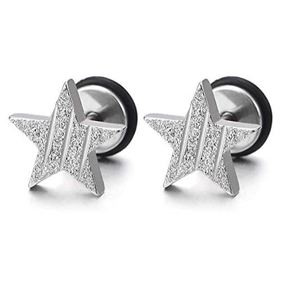 Pair Stainless Steel Satin Pentagram Star Stud Earrings Grooved Stripes for Men Women Screw Back - coolsteelandbeyond