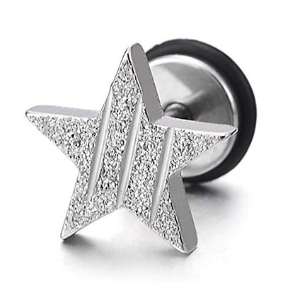 Pair Stainless Steel Satin Pentagram Star Stud Earrings Grooved Stripes for Men Women Screw Back - coolsteelandbeyond