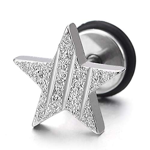 Pair Stainless Steel Satin Pentagram Star Stud Earrings Grooved Stripes for Men Women Screw Back - coolsteelandbeyond