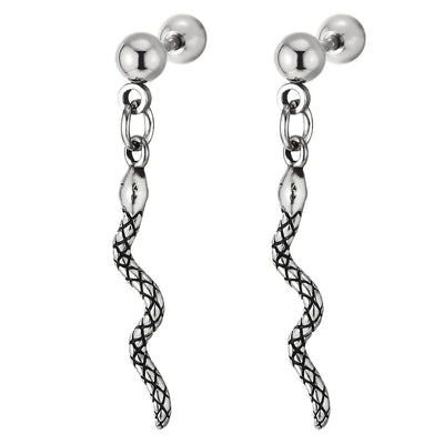 Pair Stainless Steel Screw Stud Earrings with Dangling Snake for Men Women, Screw Back - COOLSTEELANDBEYOND Jewelry