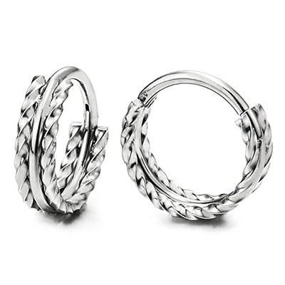 Pair Stainless Steel Small Braided Pattern Grooved Huggie Hinged Hoop Earrings, Unisex Men Women - COOLSTEELANDBEYOND Jewelry