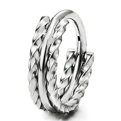 Pair Stainless Steel Small Braided Pattern Grooved Huggie Hinged Hoop Earrings, Unisex Men Women - COOLSTEELANDBEYOND Jewelry