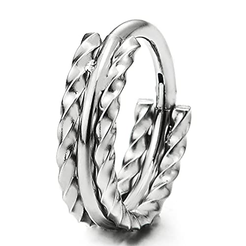 Pair Stainless Steel Small Braided Pattern Grooved Huggie Hinged Hoop Earrings, Unisex Men Women - COOLSTEELANDBEYOND Jewelry