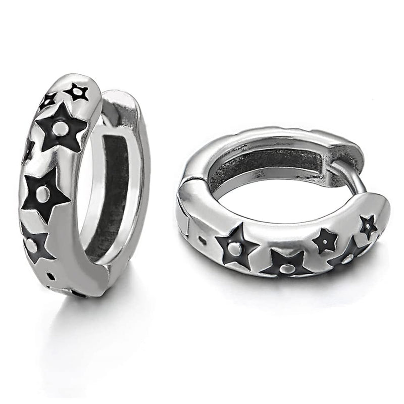 Pair Stainless Steel Stars Huggie Hinged Hoop Earrings, Unisex Men Women - COOLSTEELANDBEYOND Jewelry