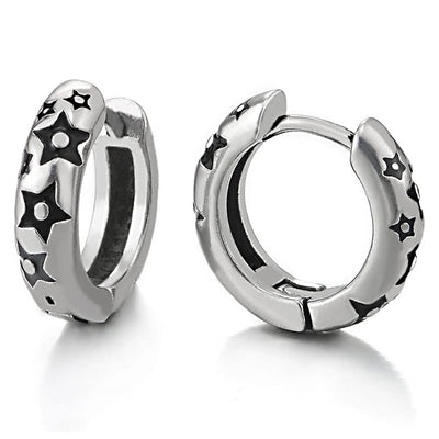 Pair Stainless Steel Stars Huggie Hinged Hoop Earrings, Unisex Men Women - COOLSTEELANDBEYOND Jewelry
