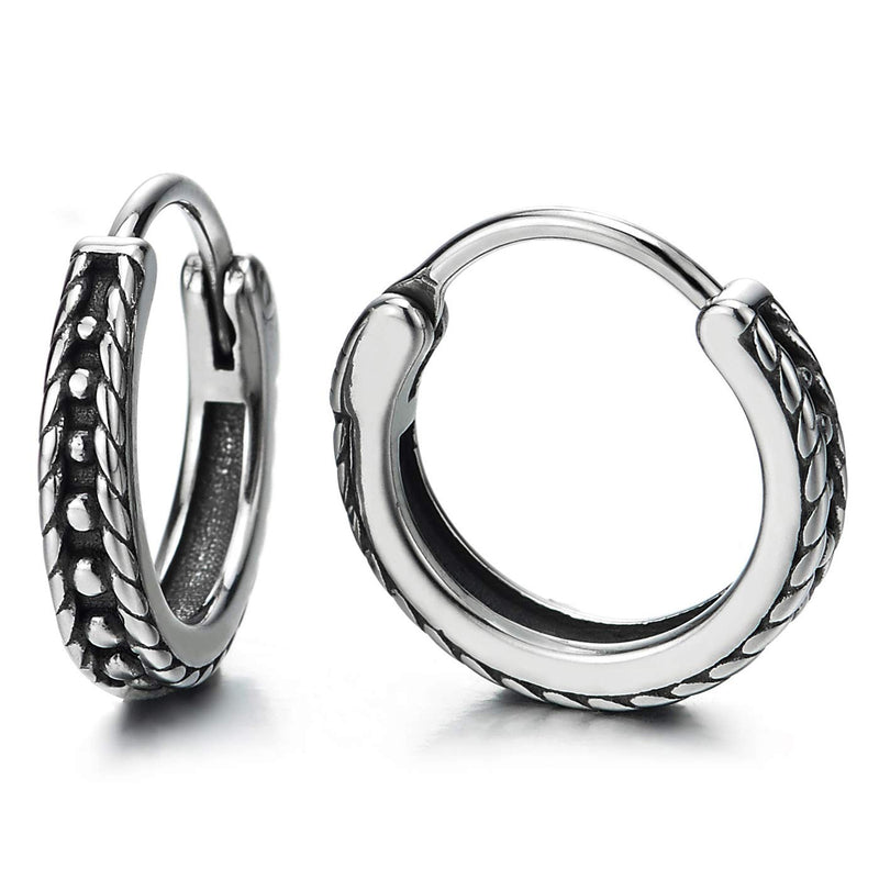 Pair Stainless Steel Vintage Dots Grooved Huggie Hinged Hoop Earrings with Wreath, Unisex Men Women - COOLSTEELANDBEYOND Jewelry