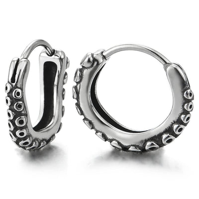 Pair Stainless Steel Vintage Octopus Tentacle Huggie Hinged Hoop Earrings, Unisex Men Women - COOLSTEELANDBEYOND Jewelry