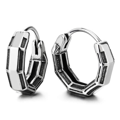 Pair Stainless Steel Vintage Tribal Grooved Octagon Huggie Hinged Hoop Earrings Unisex Men Women - COOLSTEELANDBEYOND Jewelry