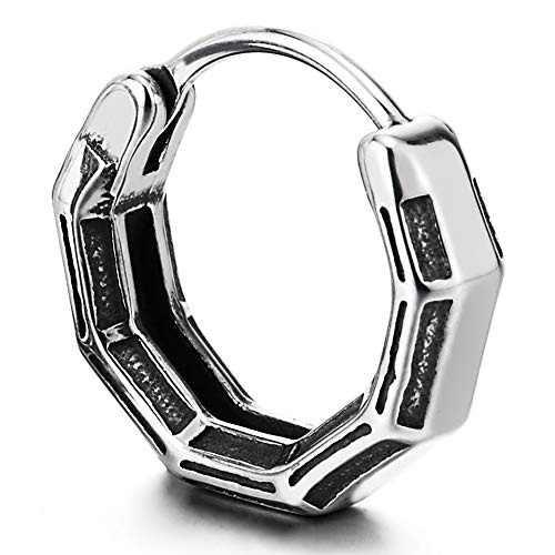 Pair Stainless Steel Vintage Tribal Grooved Octagon Huggie Hinged Hoop Earrings Unisex Men Women - COOLSTEELANDBEYOND Jewelry