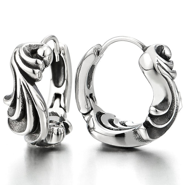 Pair Stainless Steel Wavy Huggie Hinged Hoop Earrings for Men Women, Vintage Tribal - COOLSTEELANDBEYOND Jewelry