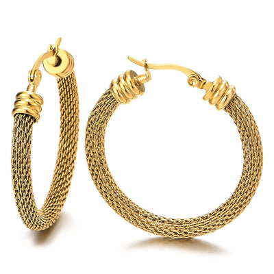 Pair Stainless Steel Wire Mesh Circle Huggie Hinged Hoop Earrings for Women Gold Color - COOLSTEELANDBEYOND Jewelry