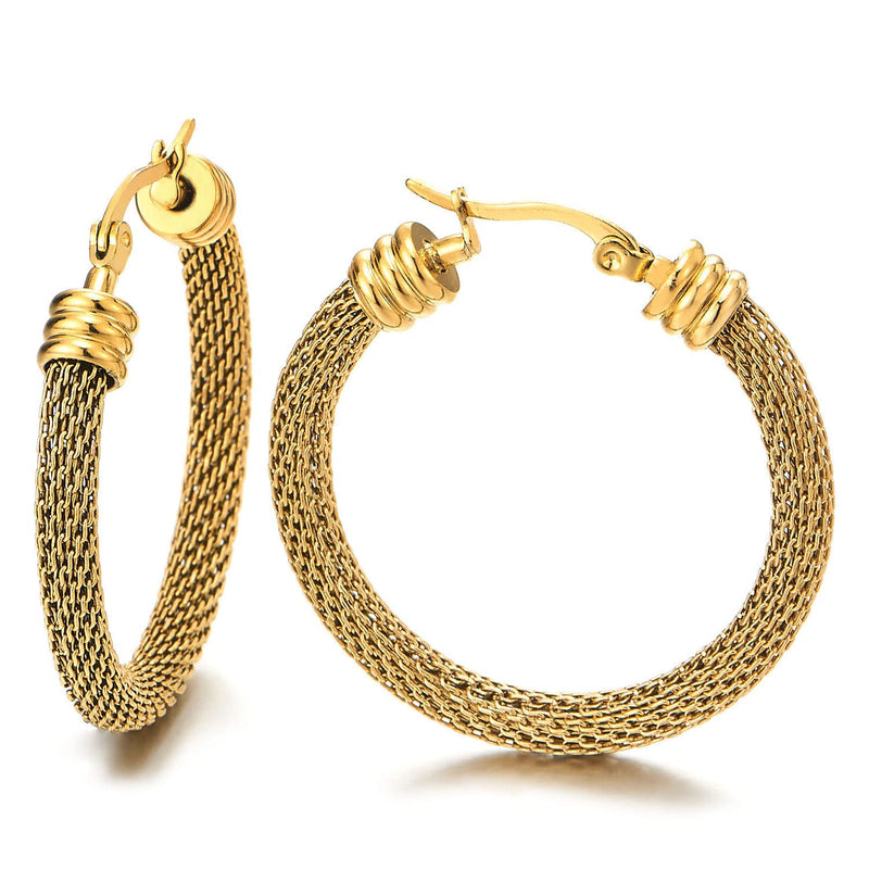 Pair Stainless Steel Wire Mesh Circle Huggie Hinged Hoop Earrings for Women Gold Color - COOLSTEELANDBEYOND Jewelry