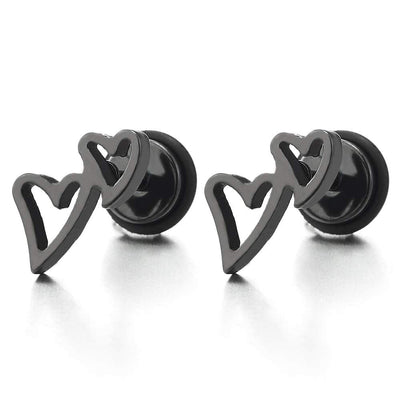 Pair Stainless Steel Womens Black Plain Double Open Hearts Stud Earrings, Screw Back - COOLSTEELANDBEYOND Jewelry