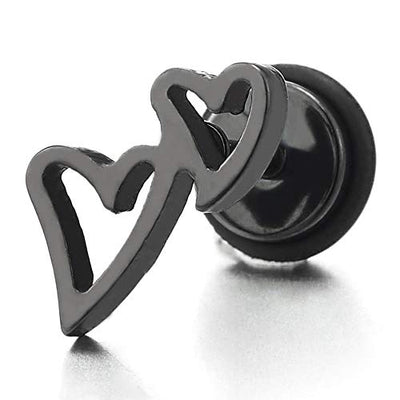 Pair Stainless Steel Womens Black Plain Double Open Hearts Stud Earrings, Screw Back - COOLSTEELANDBEYOND Jewelry