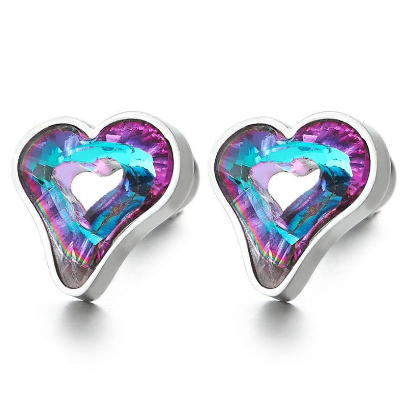 Pair Stainless Steel Womens Open Heart Stud Earrings with Green Violet Crystal, Screw Back - COOLSTEELANDBEYOND Jewelry