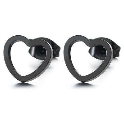 Pair Stainless Steel Womens Small Black Flat Open Heart Stud Earrings - COOLSTEELANDBEYOND Jewelry