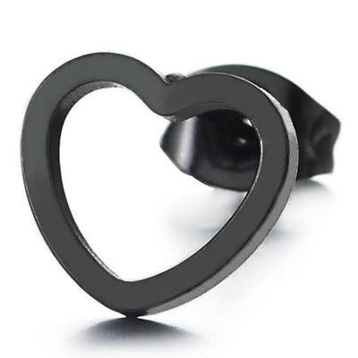 Pair Stainless Steel Womens Small Black Flat Open Heart Stud Earrings - COOLSTEELANDBEYOND Jewelry