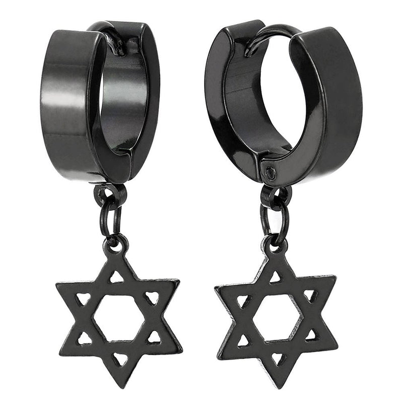 Pair Steel Black Huggie Hinged Hoop Earrings with Dangling Star-of-David for Men Women - coolsteelandbeyond