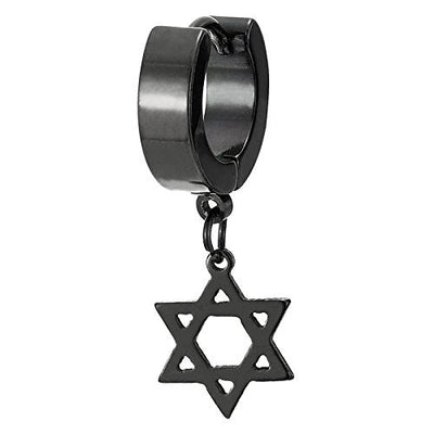 Pair Steel Black Huggie Hinged Hoop Earrings with Dangling Star-of-David for Men Women - coolsteelandbeyond