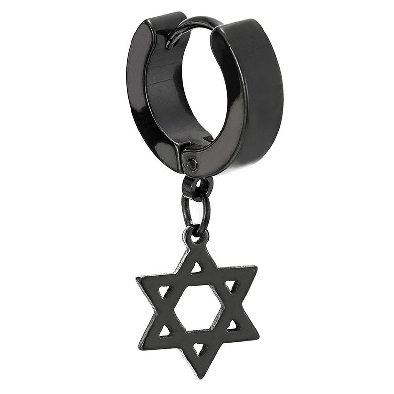 Pair Steel Black Huggie Hinged Hoop Earrings with Dangling Star-of-David for Men Women - coolsteelandbeyond