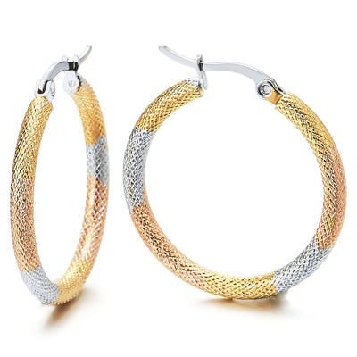 Pair Steel Circle Huggie Hinged Hoop Earrings with Grooved Grid Pattern, Silver Gold Rose Gold - COOLSTEELANDBEYOND Jewelry