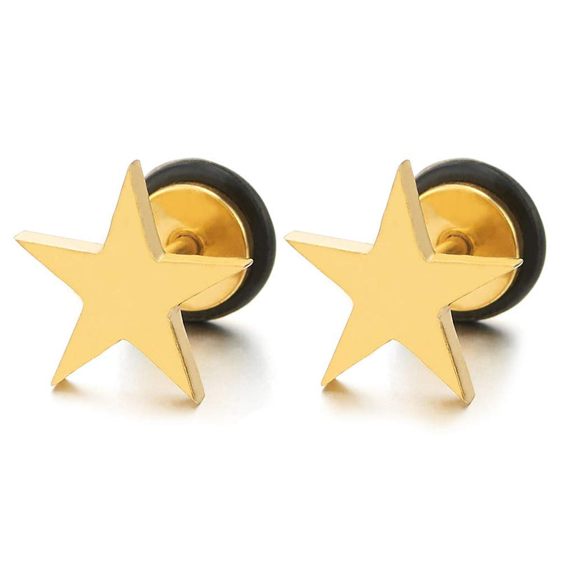 Pair Steel Gold Color Plain Flat Star Pentagram Stud Earrings for Man Women, Screw Back, 2pcs - COOLSTEELANDBEYOND Jewelry