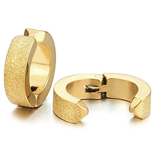 Pair Steel Gold Color Satin Huggie Hinged Hoop Earring Non-Piercing Clip On Earrings Men Women - coolsteelandbeyond