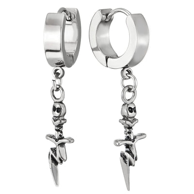 Pair Steel Huggie Hinged Hoop Earrings with Dangling Vintage Skull lightning Bolt, Men Women - COOLSTEELANDBEYOND Jewelry