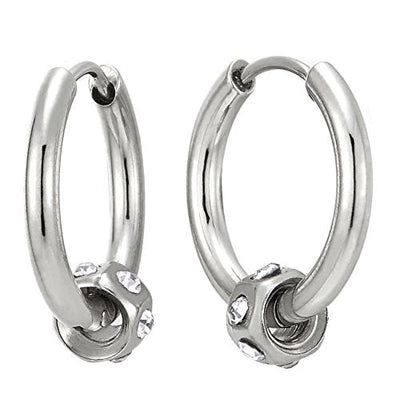 Pair Steel Plain Circle Huggie Hinged Hoop Earrings with Hexagon Cubic Zirconia Charm for Men Women - coolsteelandbeyond
