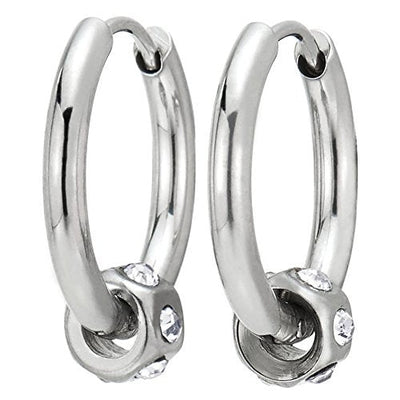 Pair Steel Plain Circle Huggie Hinged Hoop Earrings with Hexagon Cubic Zirconia Charm for Men Women - coolsteelandbeyond