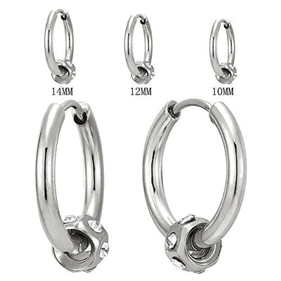 Pair Steel Plain Circle Huggie Hinged Hoop Earrings with Hexagon Cubic Zirconia Charm for Men Women - coolsteelandbeyond