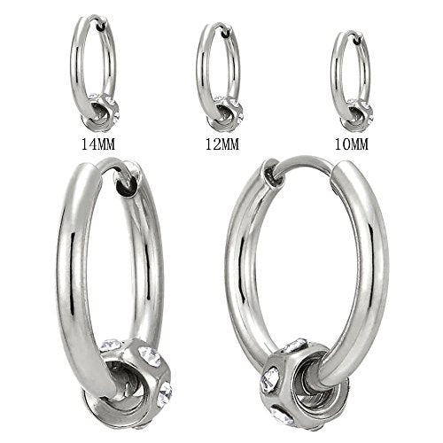 Pair Steel Plain Circle Huggie Hinged Hoop Earrings with Hexagon Cubic Zirconia Charm for Men Women - coolsteelandbeyond