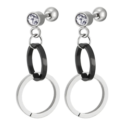 Pair Steel Womens CZ Circle Stud Earrings with Dangling Silver Black Open Circles, Screw Back - COOLSTEELANDBEYOND Jewelry
