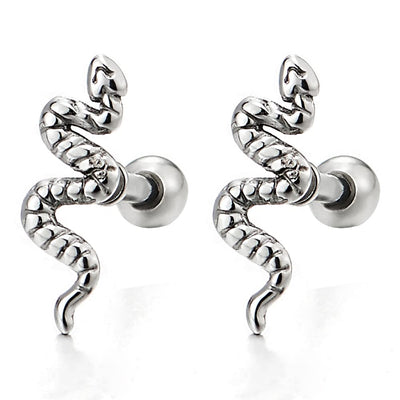 Pair Tiny Thin Small Stainless Steel Snake Stud Earrings for Mens Women, Screw Back - COOLSTEELANDBEYOND Jewelry