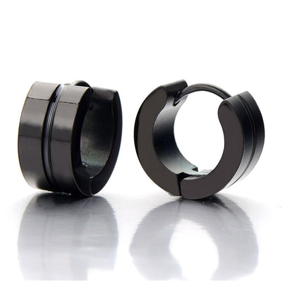 Pair Unisex Mens Women Black Huggie Hinged Hoop Earrings of Stainless Steel - COOLSTEELANDBEYOND Jewelry