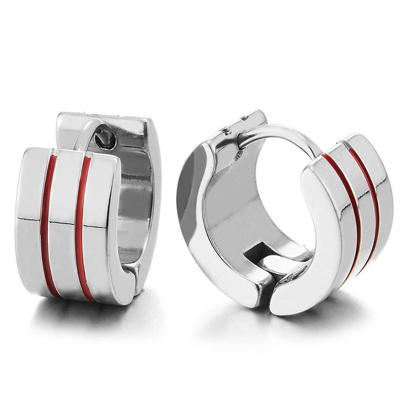 Pair Unisex Mens Womens Stainless Steel Grooved Huggie Hinged Hoop Earrings with Red Enamel - coolsteelandbeyond