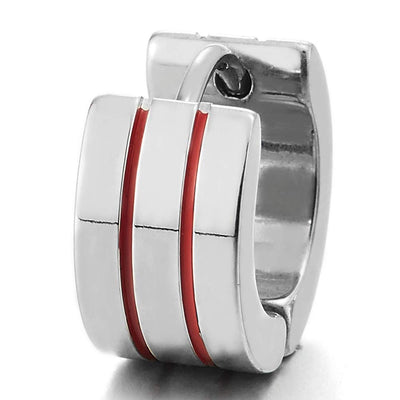 Pair Unisex Mens Womens Stainless Steel Grooved Huggie Hinged Hoop Earrings with Red Enamel - coolsteelandbeyond