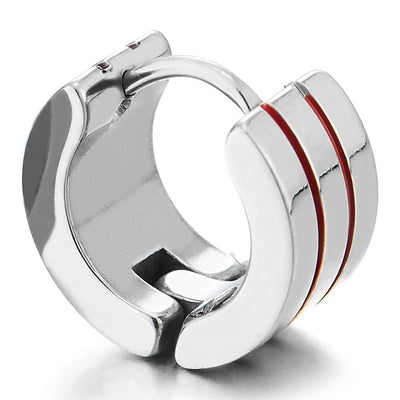 Pair Unisex Mens Womens Stainless Steel Grooved Huggie Hinged Hoop Earrings with Red Enamel - coolsteelandbeyond