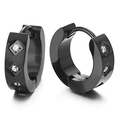 Pair Unisex Mens Womens Stainless Steel Small Black Huggie Hinged Hoop Earrings with Cubic Zirconia - coolsteelandbeyond