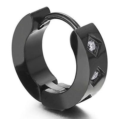 Pair Unisex Mens Womens Stainless Steel Small Black Huggie Hinged Hoop Earrings with Cubic Zirconia - coolsteelandbeyond