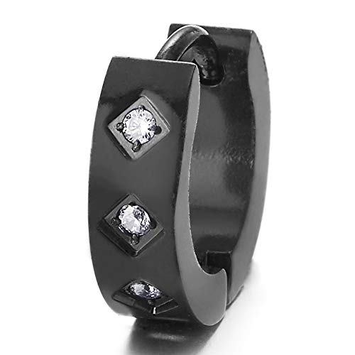 Pair Unisex Mens Womens Stainless Steel Small Black Huggie Hinged Hoop Earrings with Cubic Zirconia - coolsteelandbeyond