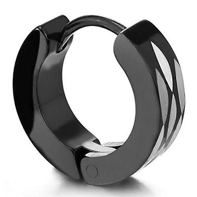 Pair Unisex Mens Womens Steel Silver Black Huggie Hinged Hoop Earrings with Navette Laser Pattern - COOLSTEELANDBEYOND Jewelry