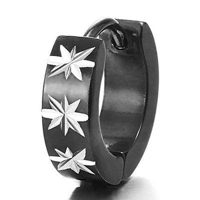 Pair Unisex Mens Womens Steel Silver Black Huggie Hinged Hoop Earrings with Star Laser Pattern - coolsteelandbeyond