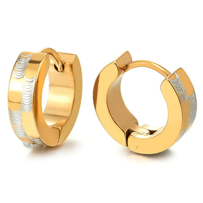 Pair Unisex Mens Womens Steel Silver Gold Huggie Hinged Hoop Earrings with Laser Pattern - COOLSTEELANDBEYOND Jewelry