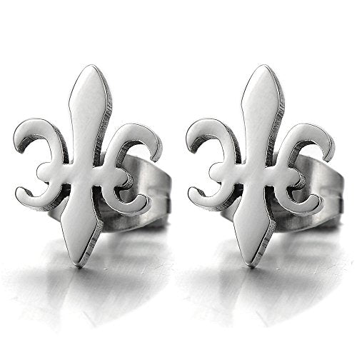 Pair Unisex Plain Fleur De Lis Stud Earrings of Stainless Steel for Man and Women - coolsteelandbeyond