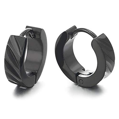 Pair Unisex Small Stainless Steel Black Grooved Huggie Hinged Hoop Earrings for Men Women, Polished - coolsteelandbeyond