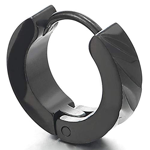 Pair Unisex Small Stainless Steel Black Grooved Huggie Hinged Hoop Earrings for Men Women, Polished - coolsteelandbeyond