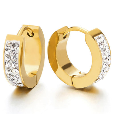 Pair Unisex Stainless Steel Gold Color Huggie Hinged Hoop Earrings with Cubic Zirconia for Men Women - coolsteelandbeyond