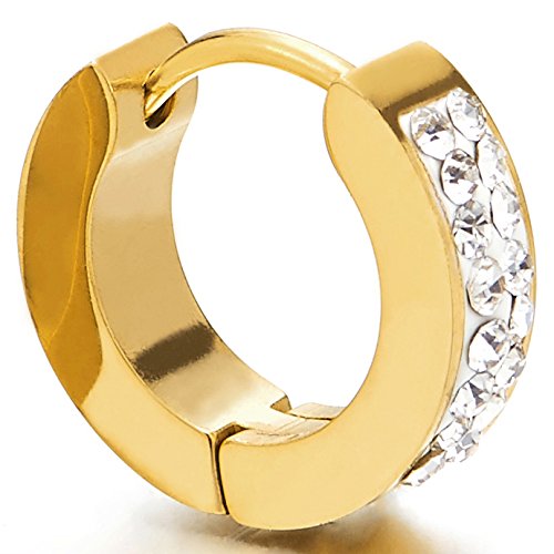 Pair Unisex Stainless Steel Gold Color Huggie Hinged Hoop Earrings with Cubic Zirconia for Men Women - coolsteelandbeyond