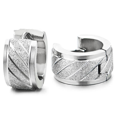 Pair Unisex Stainless Steel Grooved Huggie Hinged Hoop Earrings for Men Women, Satin Finishing - COOLSTEELANDBEYOND Jewelry